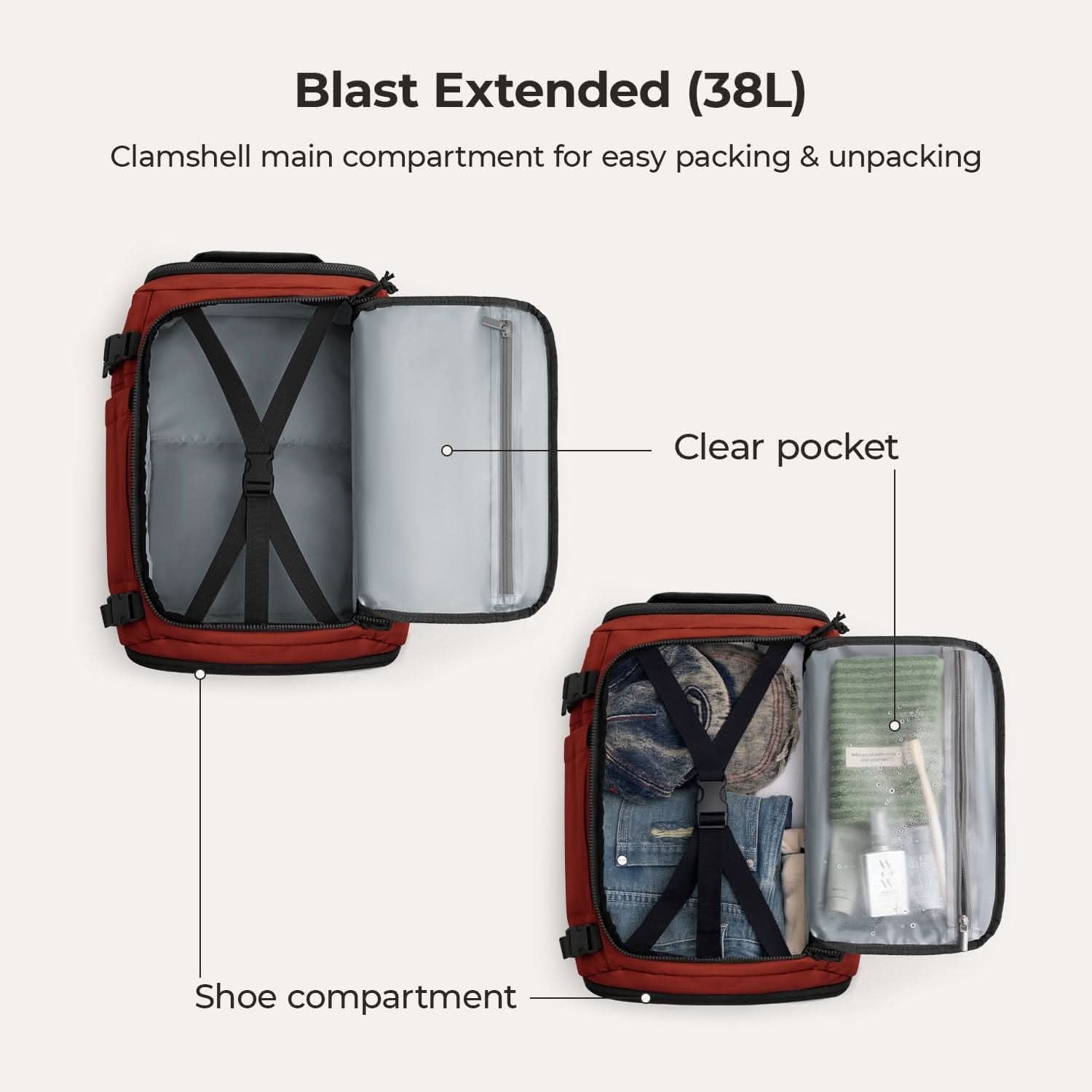 Bagsmart Blast Quick Access Carry On Travel Backpack Extended 38L (Brandy Snifter)