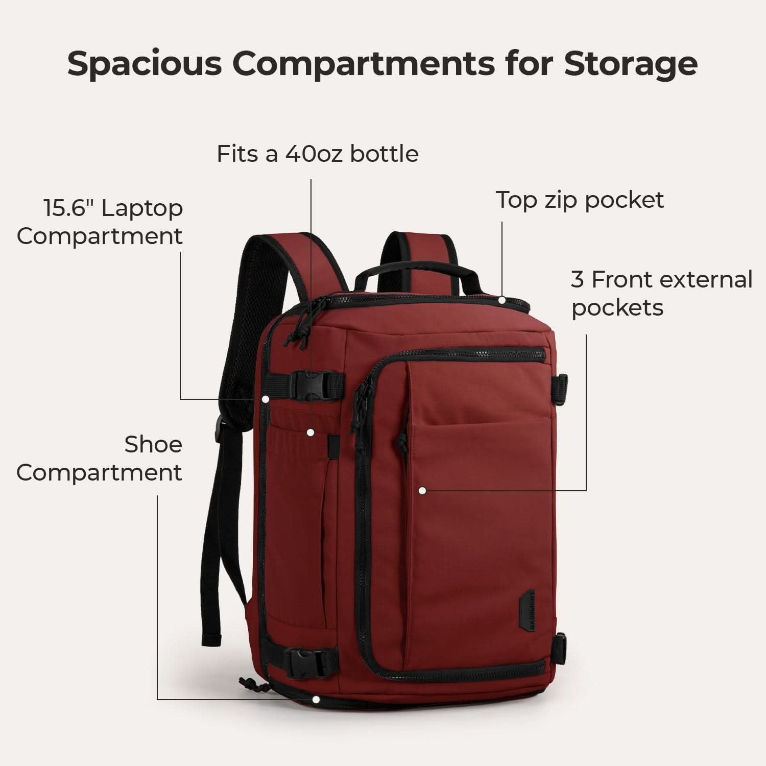 Bagsmart Blast Quick Access Carry On Travel Backpack Extended 38L (Brandy Snifter)