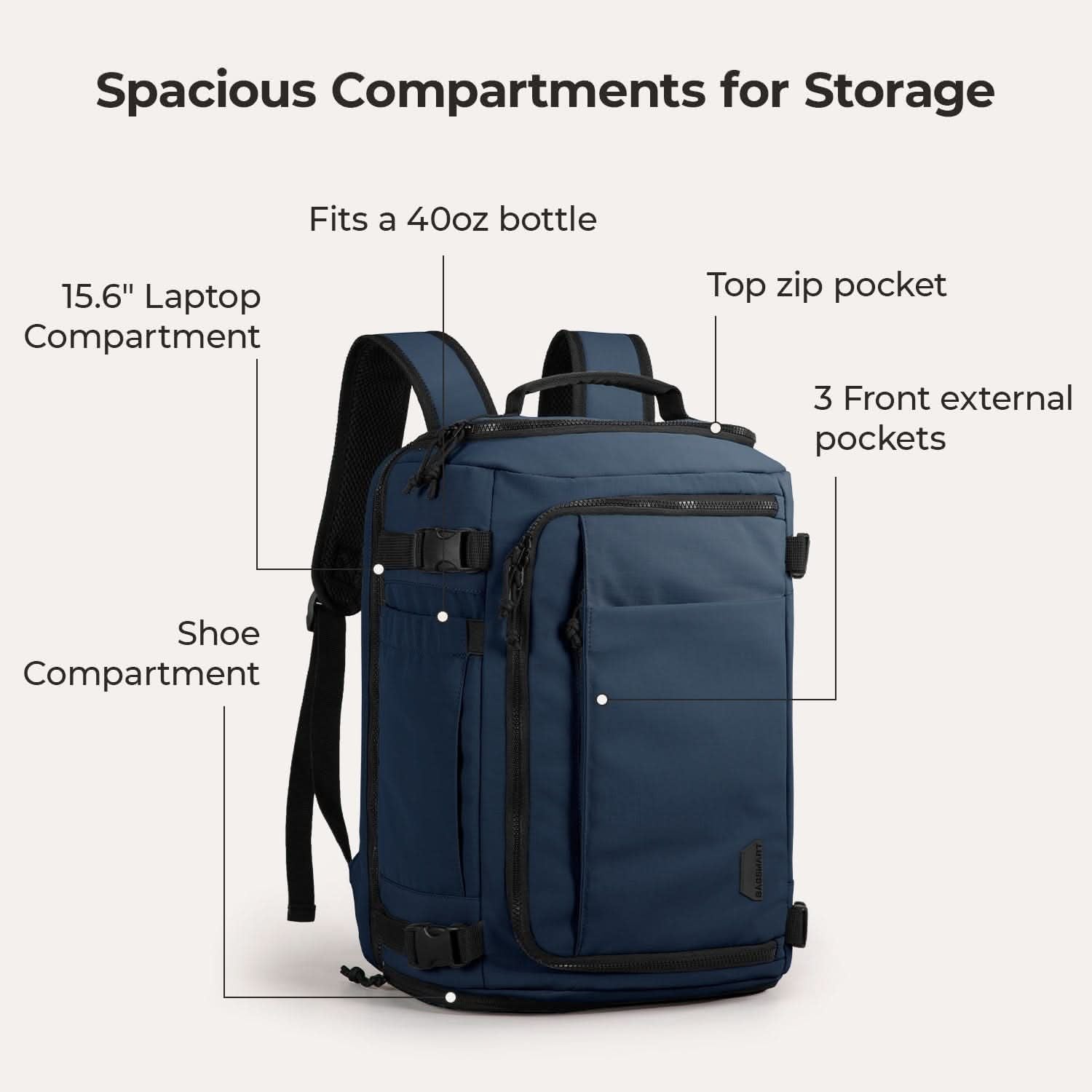Bagsmart Blast Quick Access Carry On Travel Backpack Extended 38L (Navy Blue)