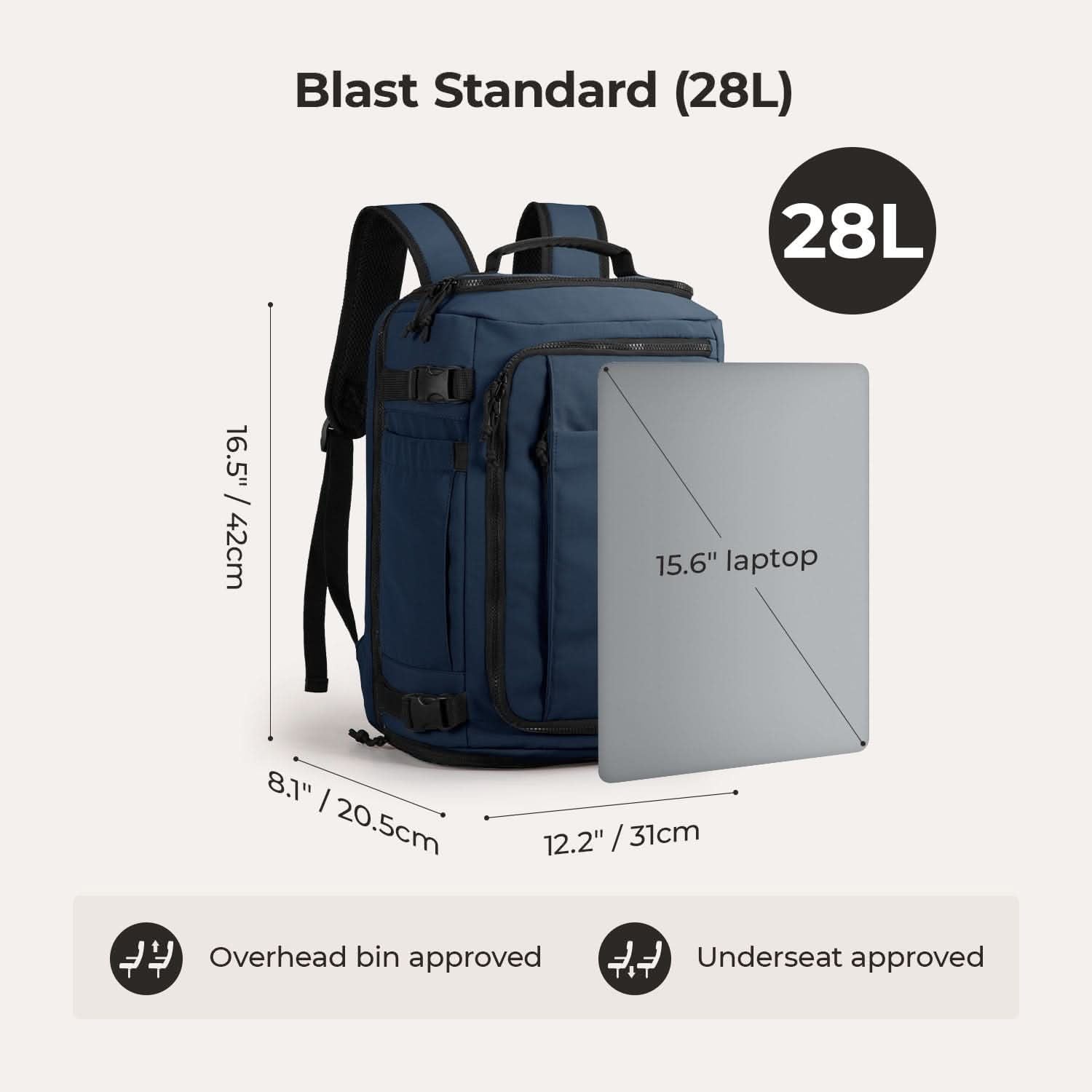Bagsmart Blast Quick Access Carry On Travel Backpack Standard 28L (Dark Blue)