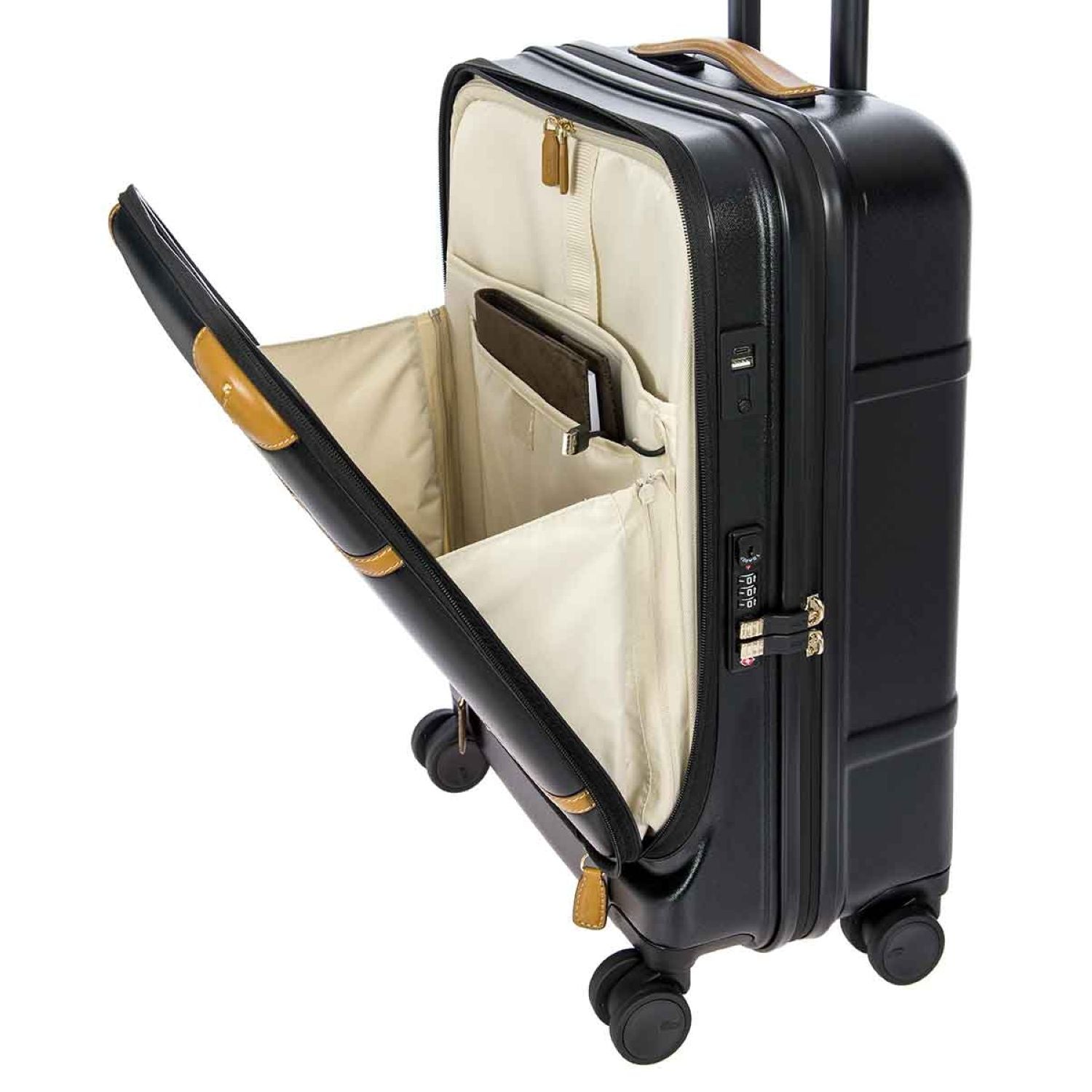 BRIC'S Bellagio 2 21" Carry-On Luggage With Front Access Opening Spinner And Pocket With USB (Black/Tobacco)