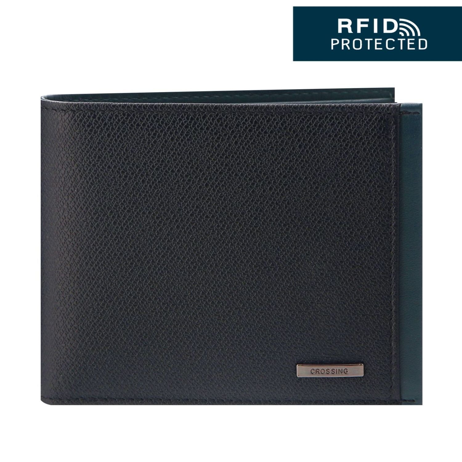 Crossing Modish Bi-fold Leather Wallet With Flap And Coin Pouch RFID - Black/Teal