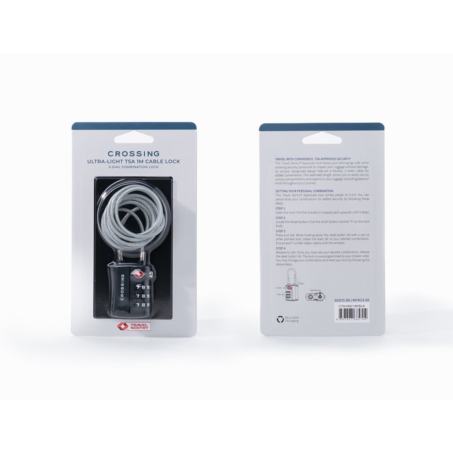 Crossing Ultra-Light TSA 3-Dial 1M Cable Lock - Black