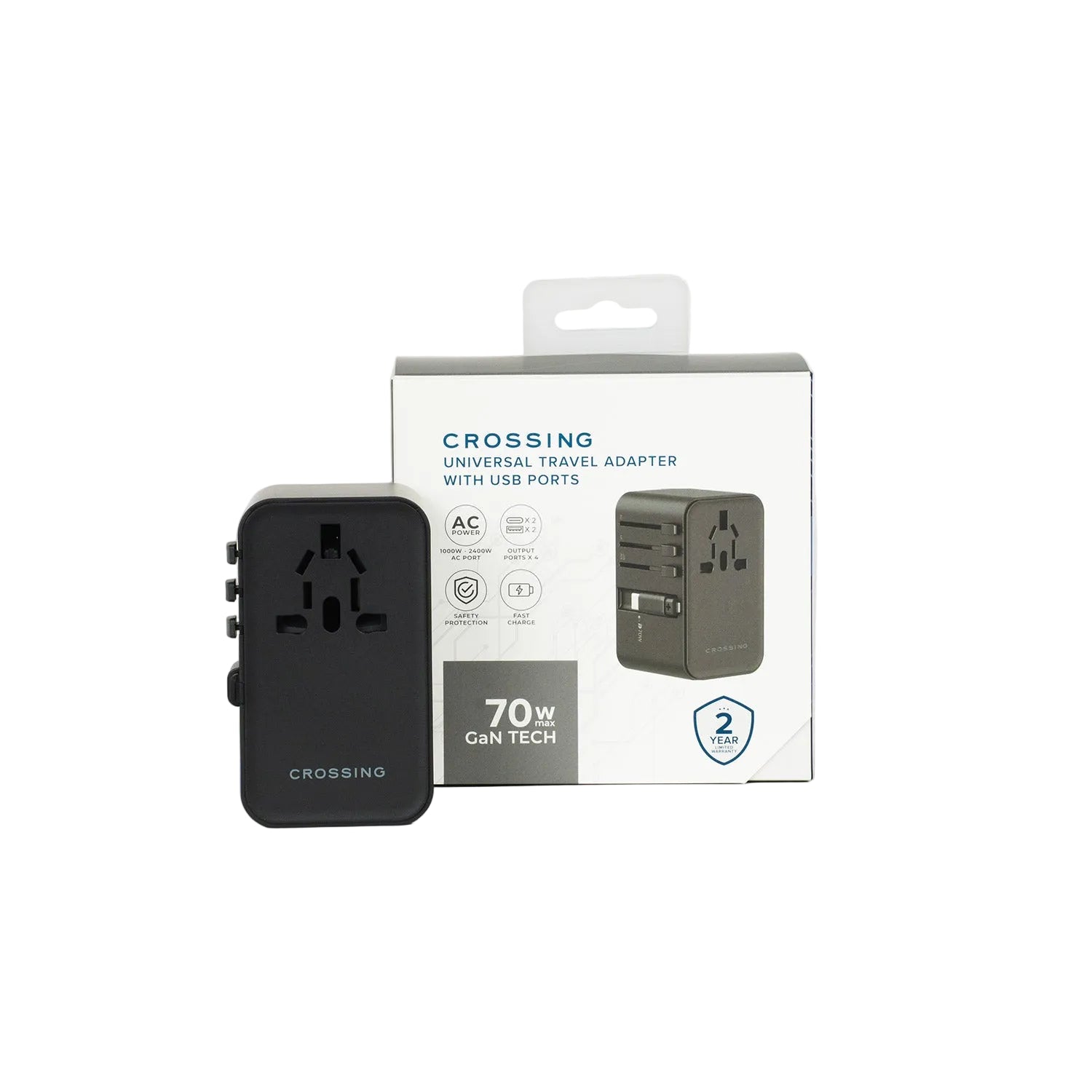 Crossing World Travel Adaptor 70W with 2 X USB-A + 2 X USB-C with Built-In Type C Cable - Black