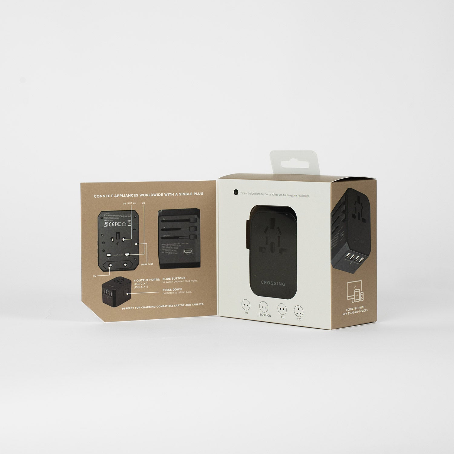 Crossing World Travel Adaptor with 4 X USB and 1 X USB-C - Black