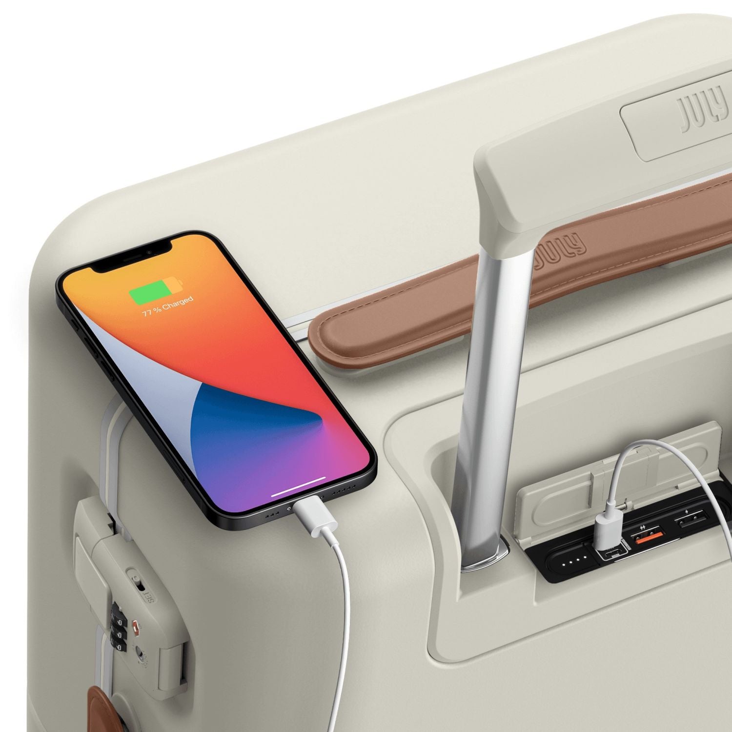 July Carry On Trunk Polycarbonate 21" Luggage With Fast Charge Usb-C Cable - Cream