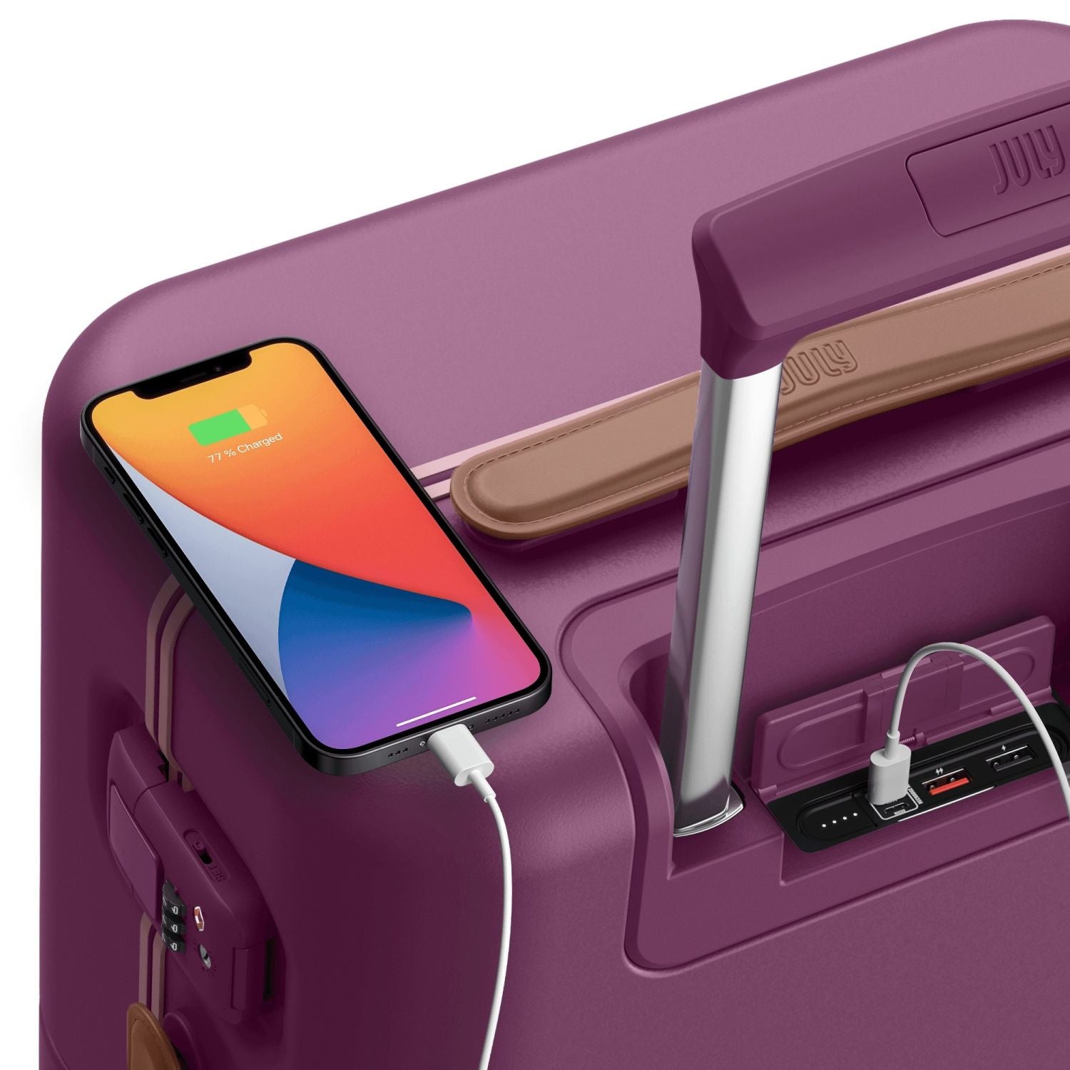 July Carry On Trunk Polycarbonate 21" Luggage With Fast Charge Usb-C Cable - Plum