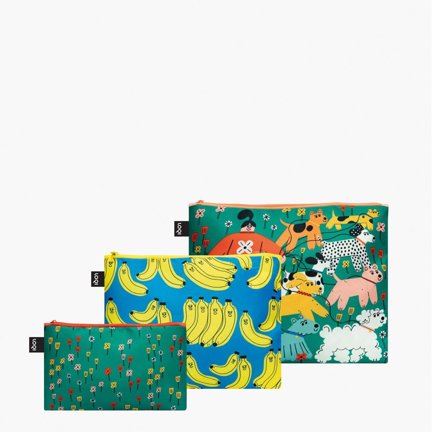LOQI Artist Zip Pocket - Tess Smith-Roberts - Bad Bananas & Dog Walking Recycled Zip Pockets