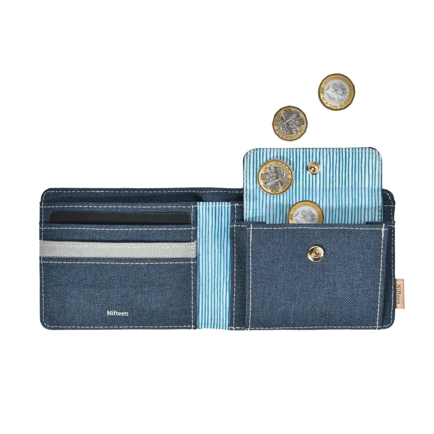Nifteen London Billfold Wallet With Coin Purse - Navy With Grey Lining