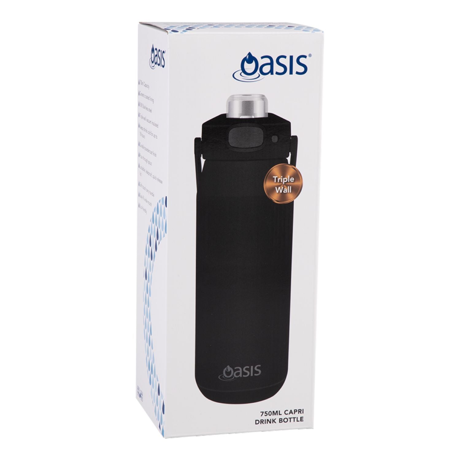 Oasis Ceramic Stainless Steel Triple Wall Capri Quick Release Drink Bottle 750ML - Black