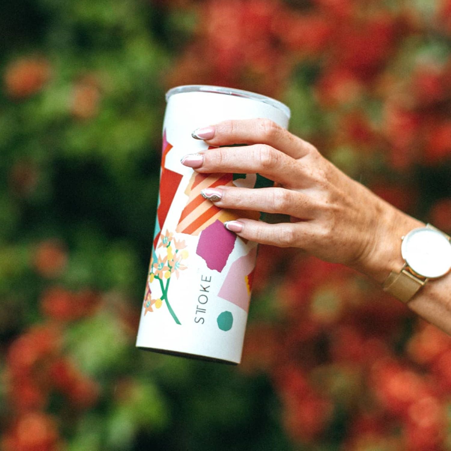 STTOKE Leah Summer Blooms Leakproof Ceramic Insulated Cup 12oz - White
