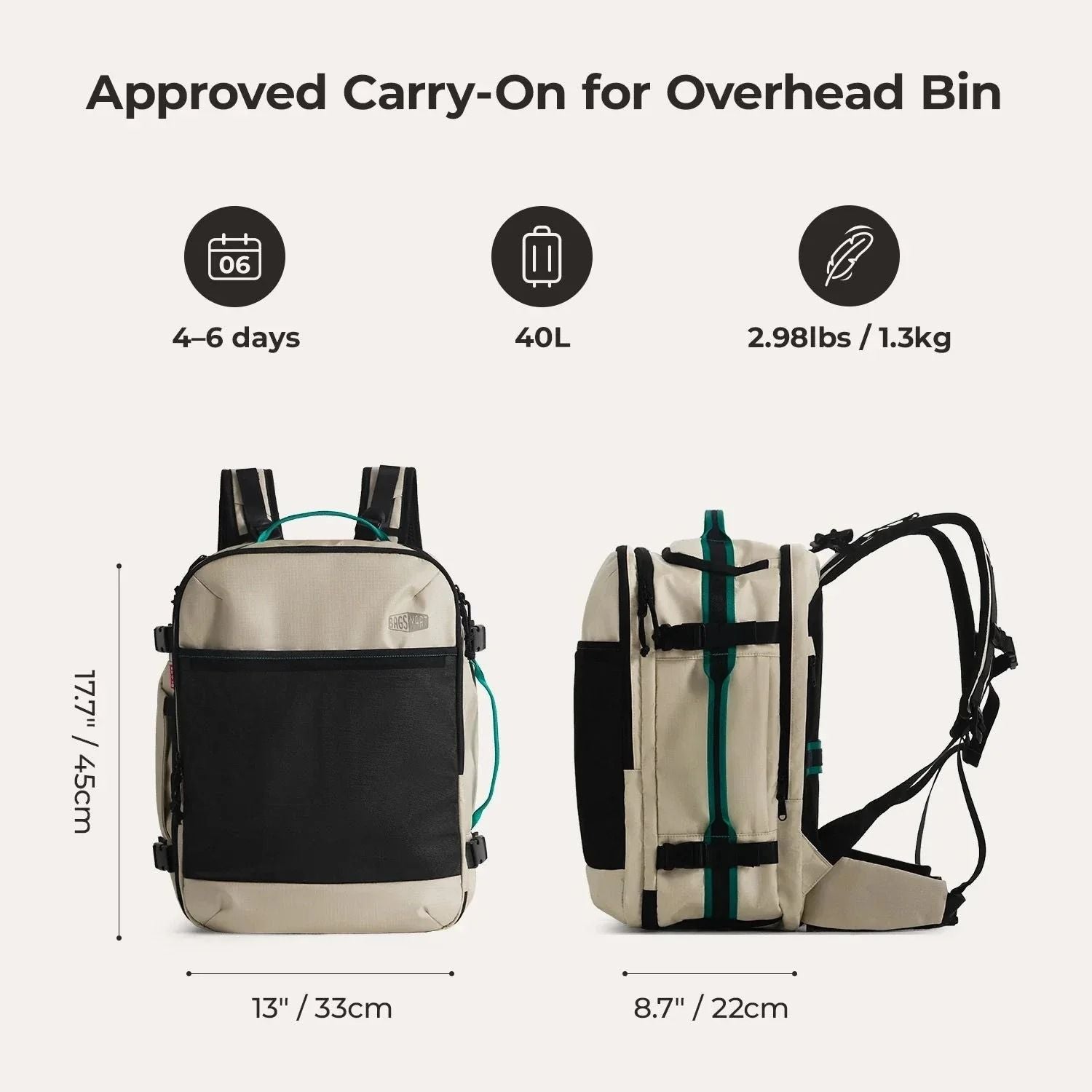 Bagsmart Blast Pro Quick Access Carry On Travel Backpack 40L (Beige)