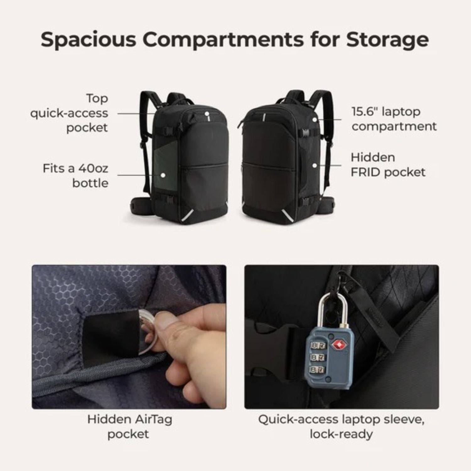 Bagsmart Dense Carry On Travel Backpack 40L (Black)