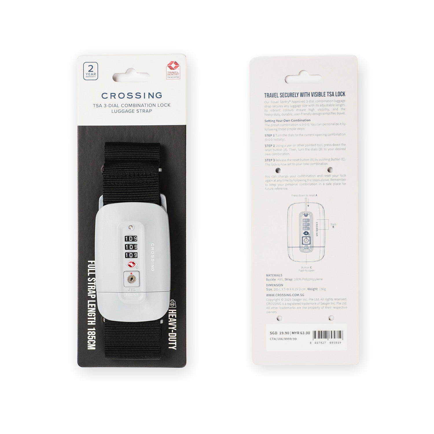 Crossing TSA 3-Dial Combination Lock Luggage Strap - Black