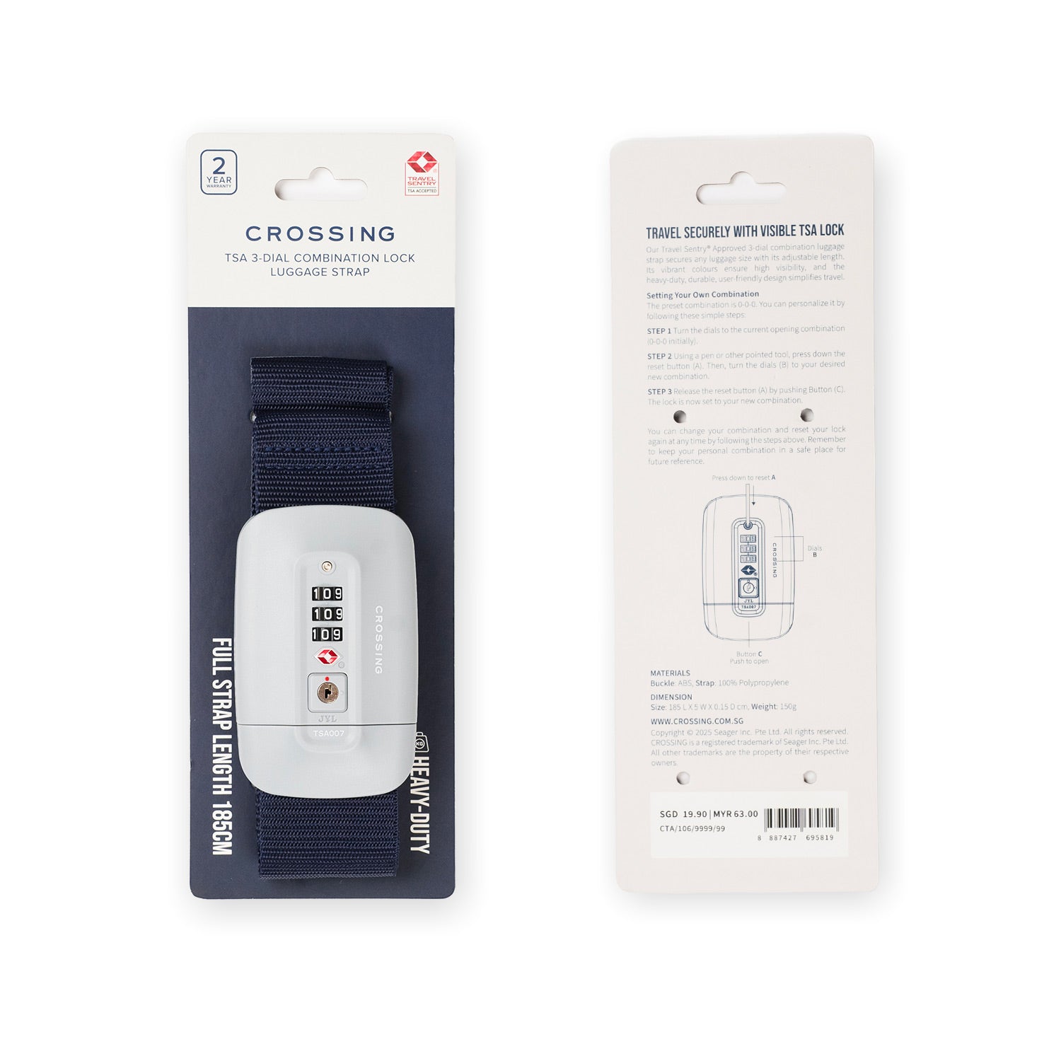 Crossing TSA 3-Dial Combination Lock Luggage Strap - Navy