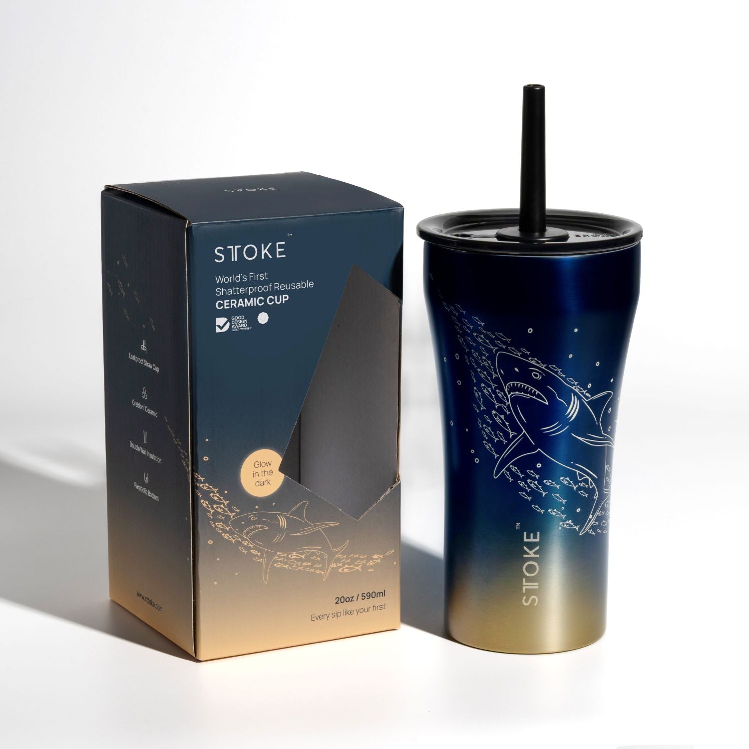 STTOKE Ocean Leakproof Ceramic Insulated Cup Powder Coating With Straw 20OZ - Shark
