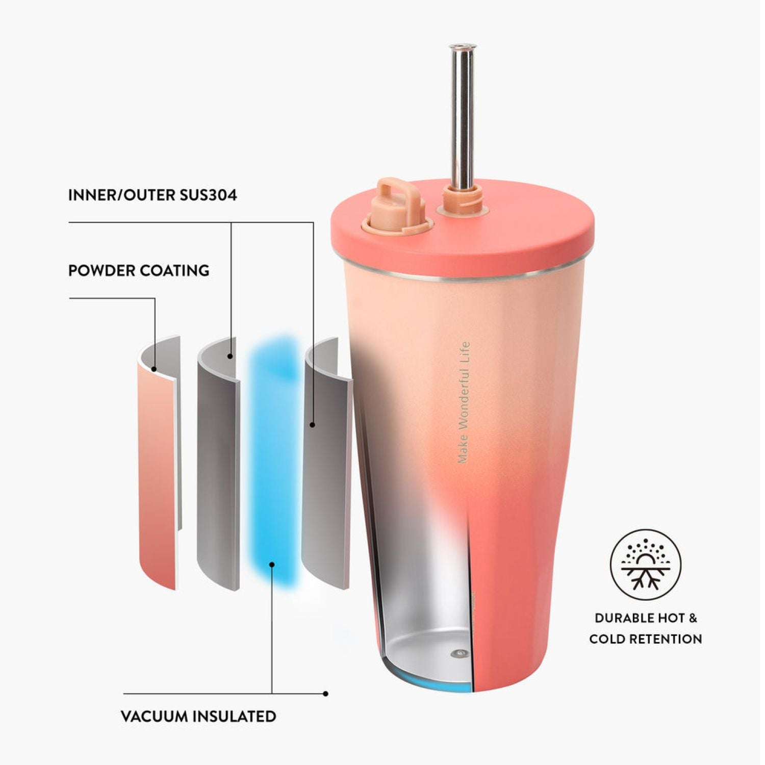 Tyeso Flaire 2.0 Retractable Straw S/S Vacuum Insulated Tumbler 600ML - Orange