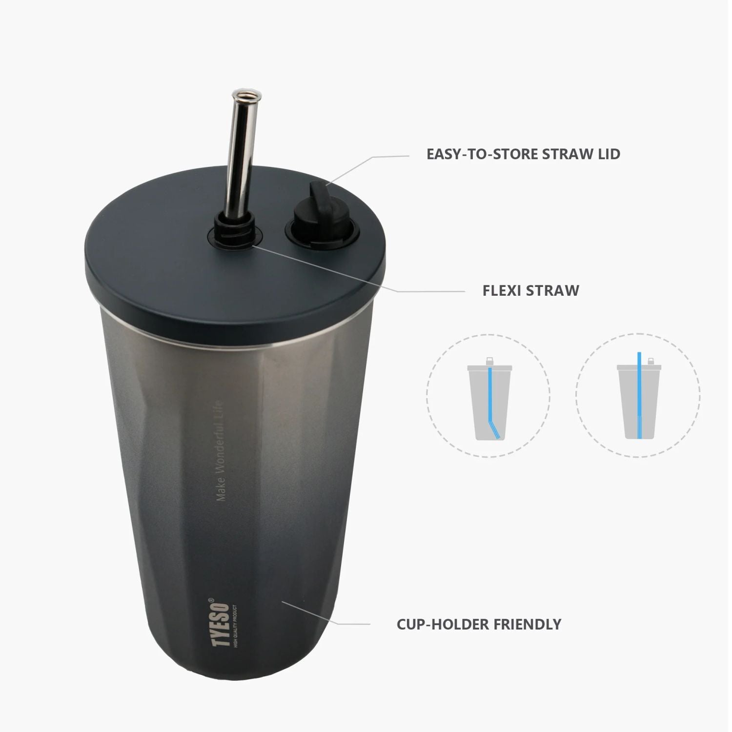 Tyeso Flaire Retractable Straw S/S Vacuum Insulated Tumbler 600ml - Silver