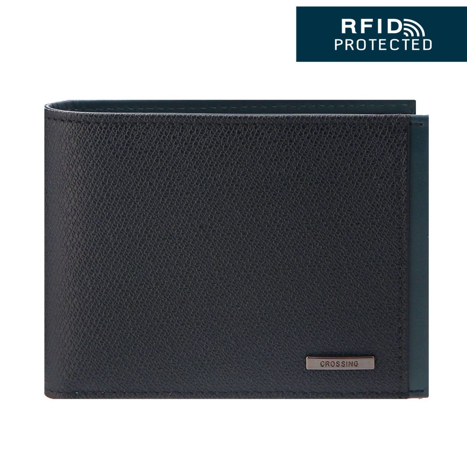 Crossing Modish Slim Leather Wallet With Coin Pocket [5 Card Slots] RFID - Black/Teal
