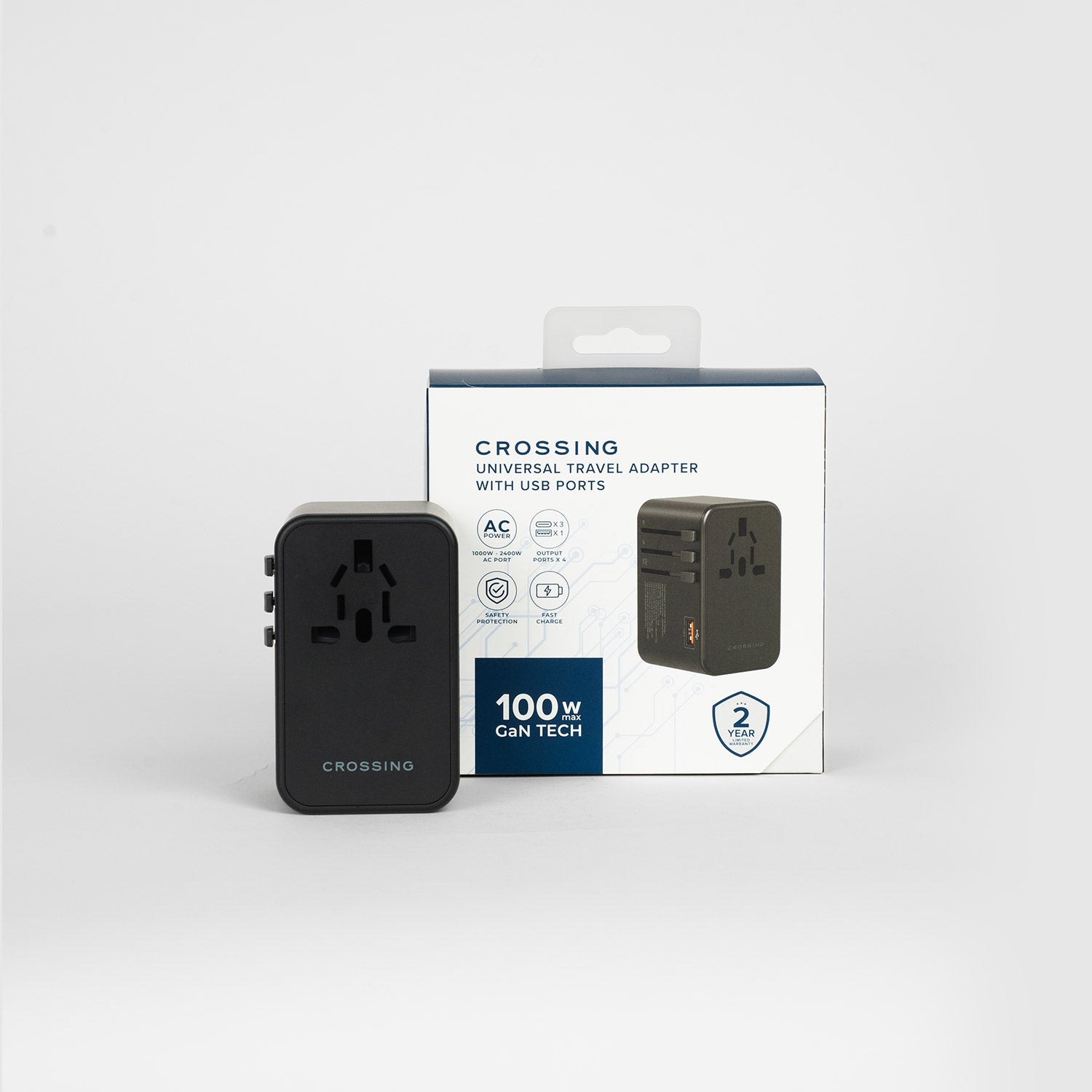 Crossing World Travel Adaptor 100W with 1 X USB-A + 3 X USB-C - Black