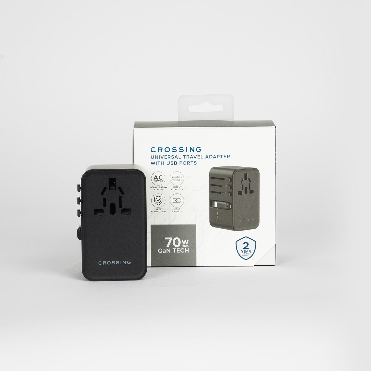 Crossing World Travel Adaptor 70W with 2 X USB-A + 2 X USB-C with Built-In Type C Cable - Black