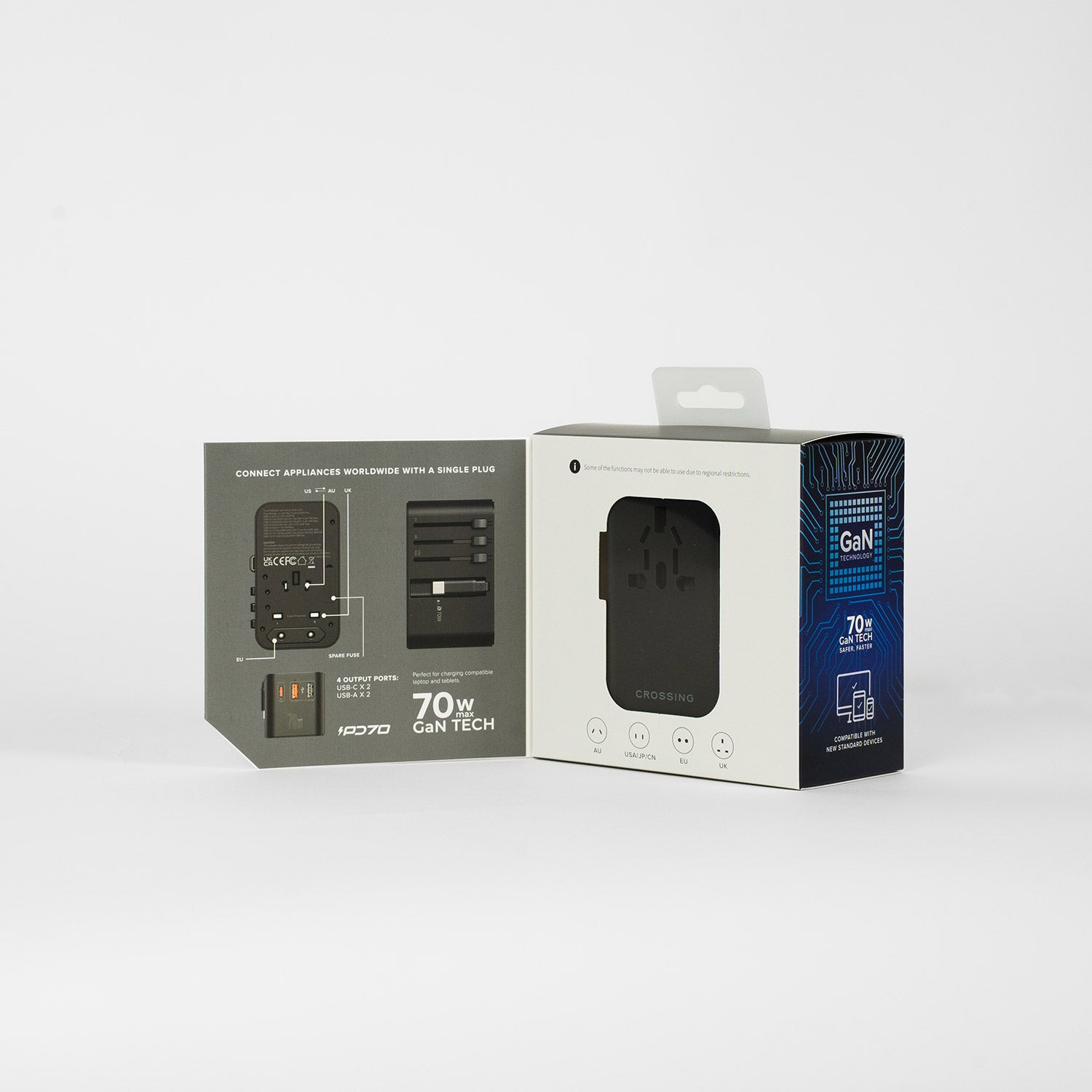 Crossing World Travel Adaptor 70W with 2 X USB-A + 2 X USB-C with Built-In Type C Cable - Black