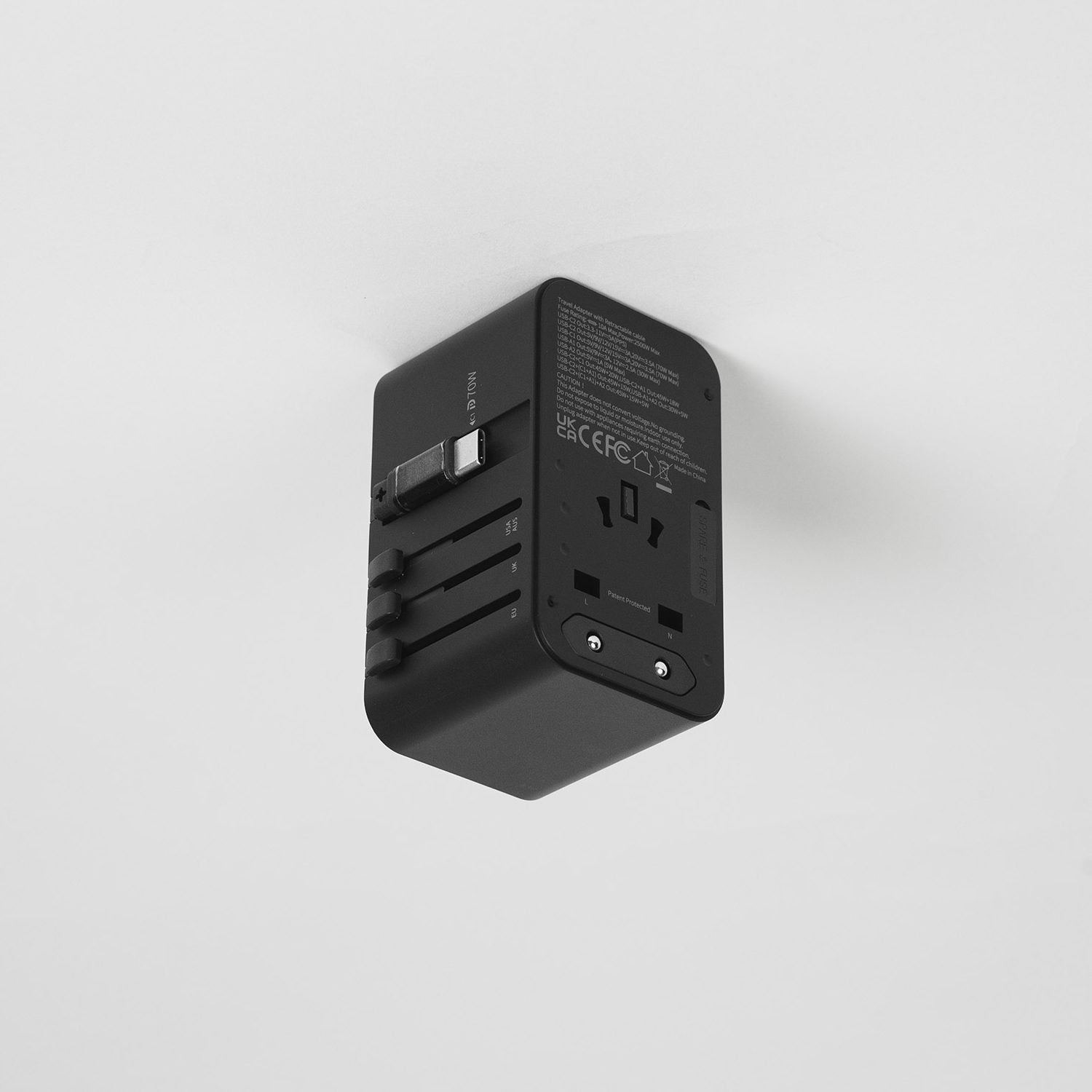 Crossing World Travel Adaptor 70W with 2 X USB-A + 2 X USB-C with Built-In Type C Cable - Black