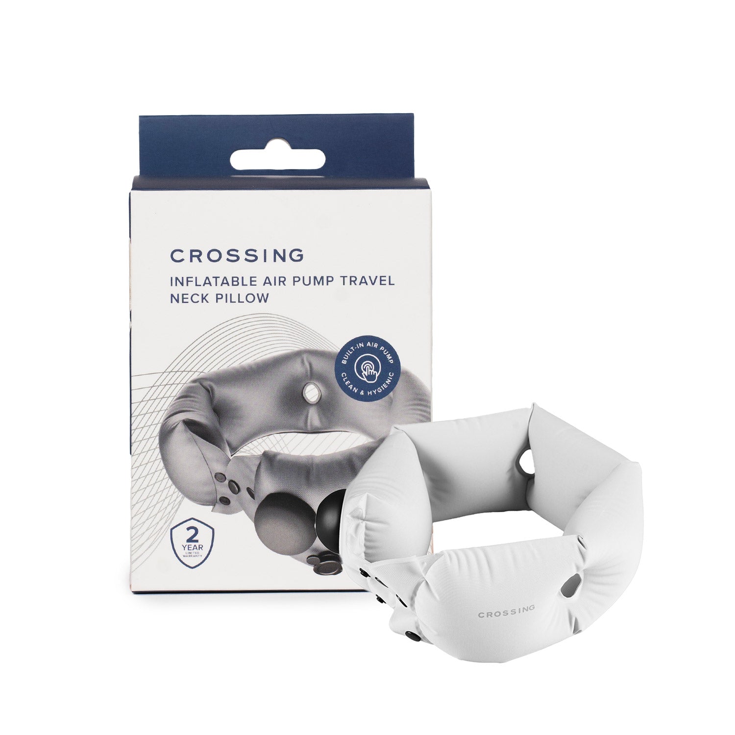 Crossing Inflatable Air Pump Neck Travel Pillow - Grey