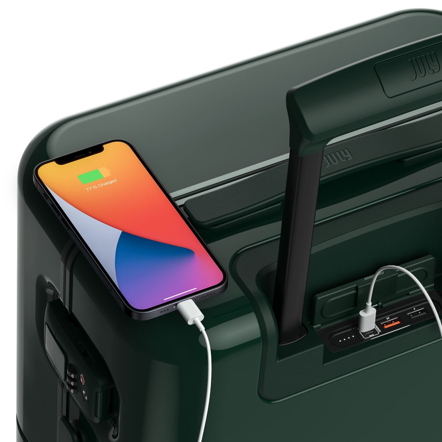 July Carry On Trunk Polycarbonate 21" Luggage With Fast Charge Usb-C Cable - Forest