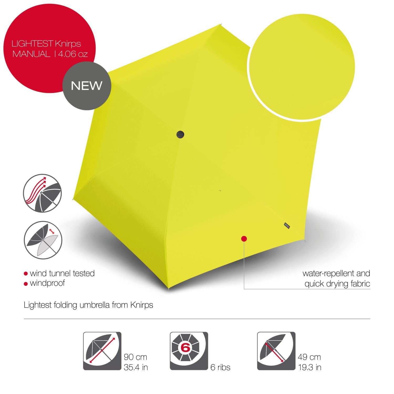 Knirps US.050 Ultra Light Slim Manual Umbrella - Yellow