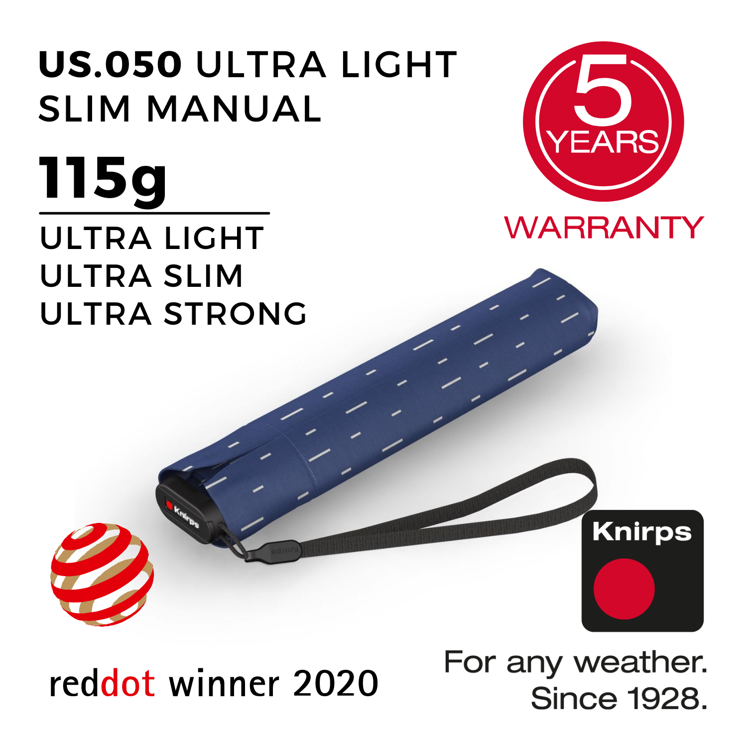 Knirps US.050 Ultra Light Slim Manual Umbrella - Rain Blue
