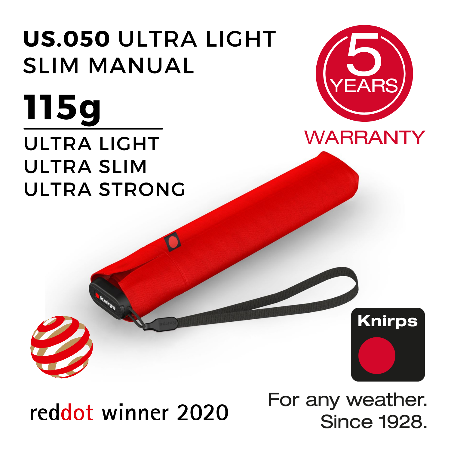 Knirps US.050 Ultra Light Slim Manual Umbrella - Red