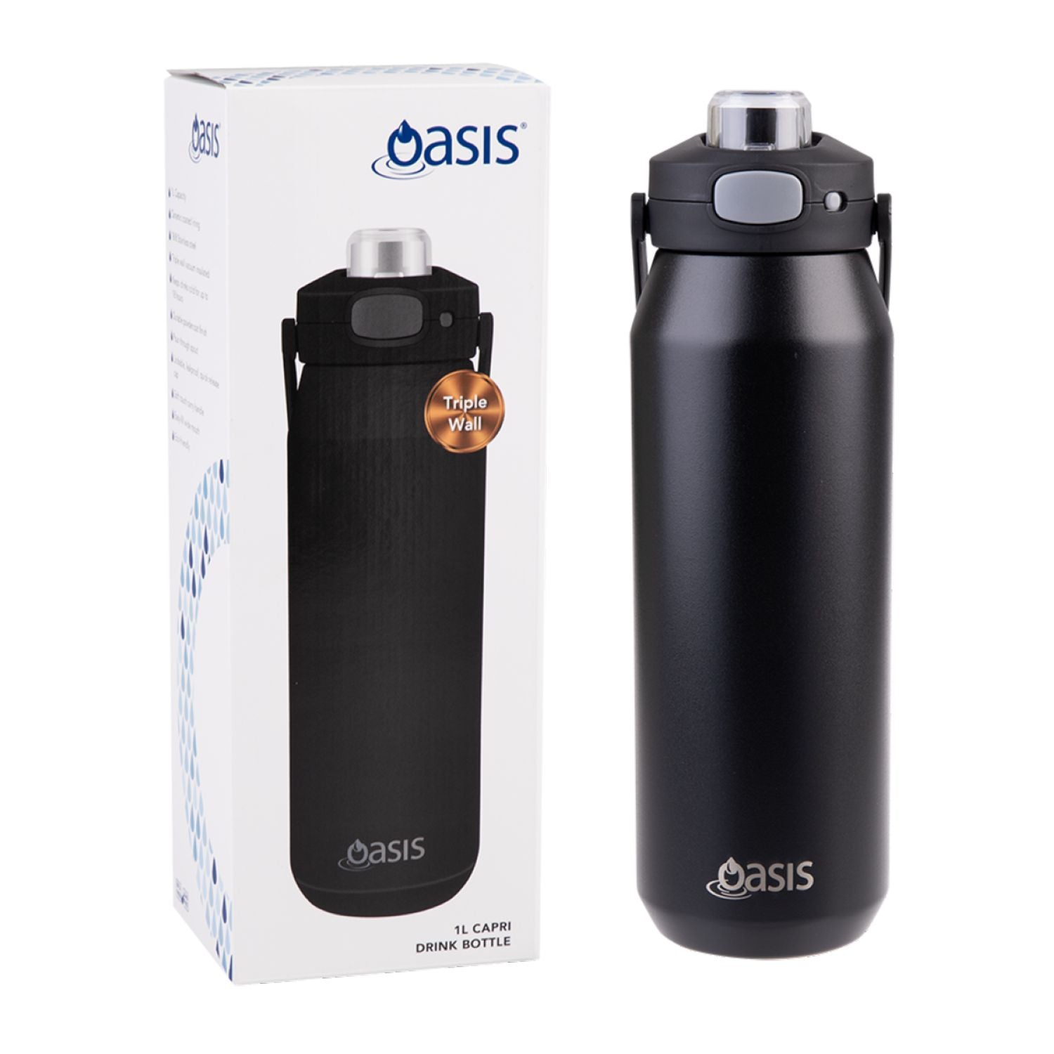 Oasis Ceramic Stainless Steel Triple Wall Capri Quick Release Drink Bottle 1L - Black