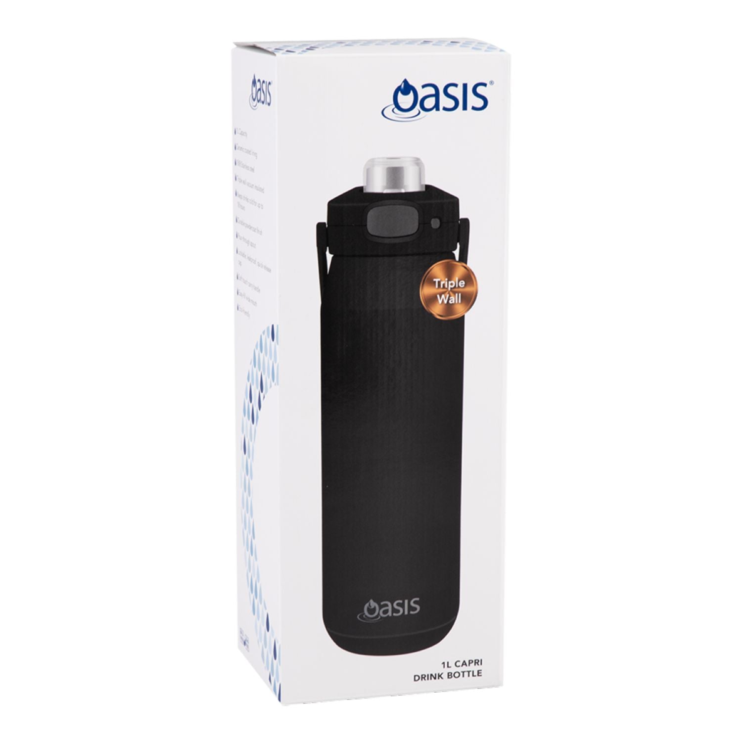 Oasis Ceramic Stainless Steel Triple Wall Capri Quick Release Drink Bottle 1L - Black