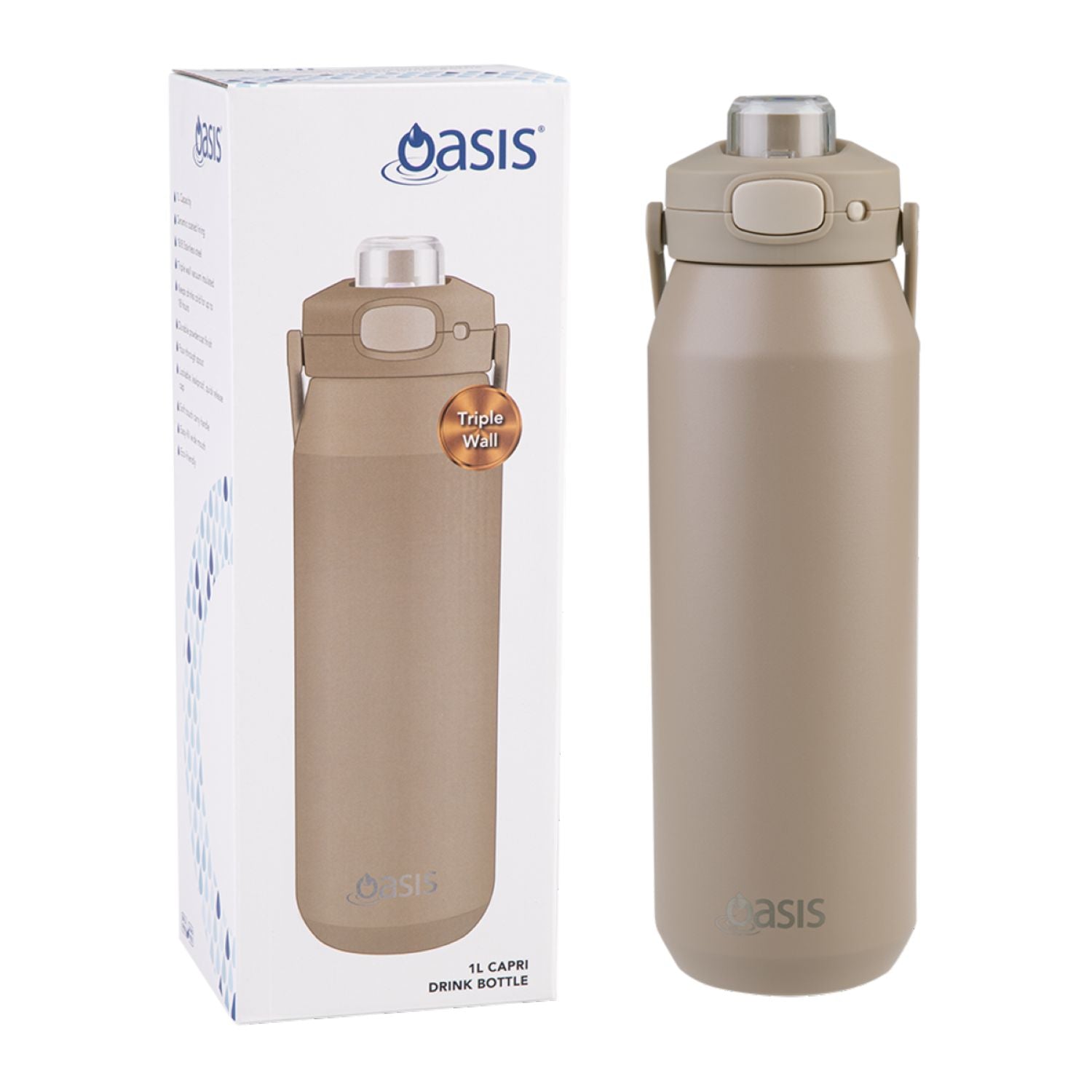 Oasis Ceramic Stainless Steel Triple Wall Capri Quick Release Drink Bottle 1L - Latte