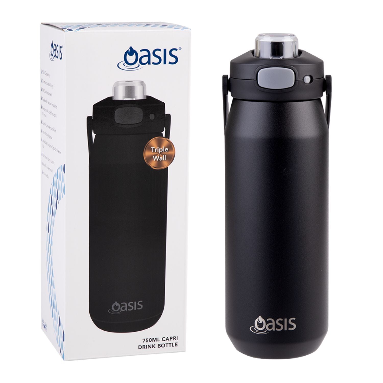 Oasis Ceramic Stainless Steel Triple Wall Capri Quick Release Drink Bottle 750ML - Black