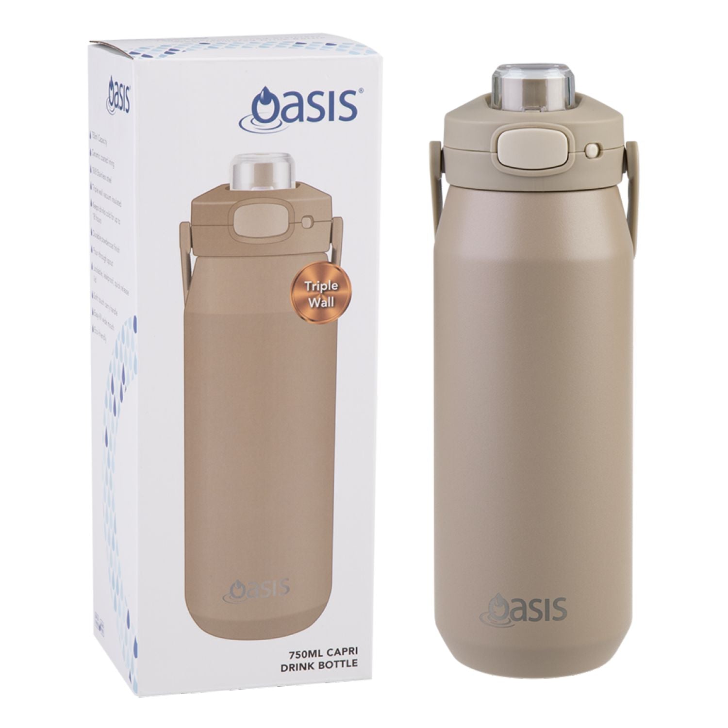 Oasis Ceramic Stainless Steel Triple Wall Capri Quick Release Drink Bottle 750ML - Latte
