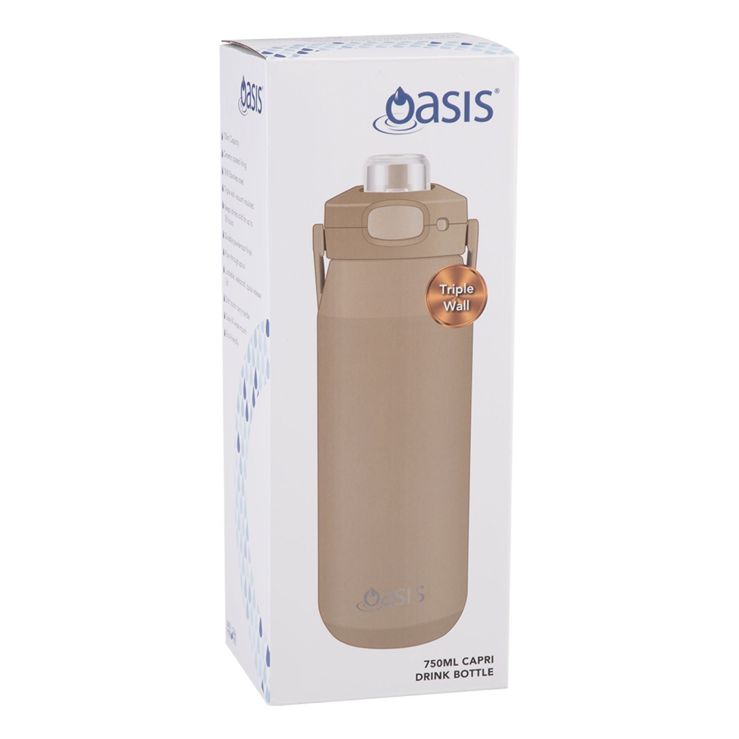 Oasis Ceramic Stainless Steel Triple Wall Capri Quick Release Drink Bottle 750ML - Latte