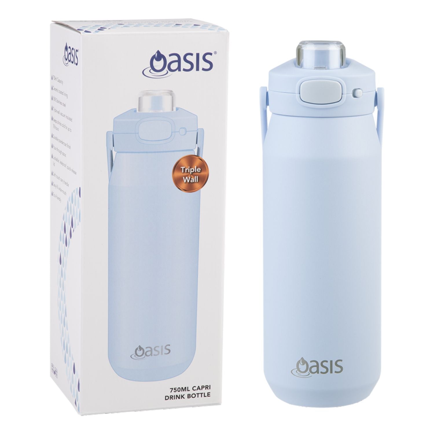 Oasis Ceramic Stainless Steel Triple Wall Capri Quick Release Drink Bottle 750ML - Periwinkle