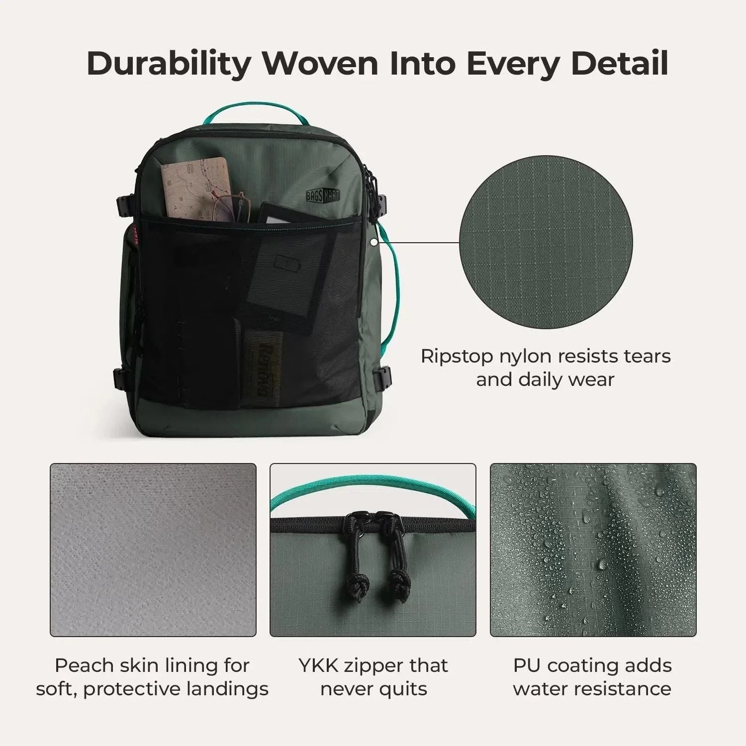 Bagsmart Blast Pro Quick Access Carry On Travel Backpack 40L (Green Smoke)