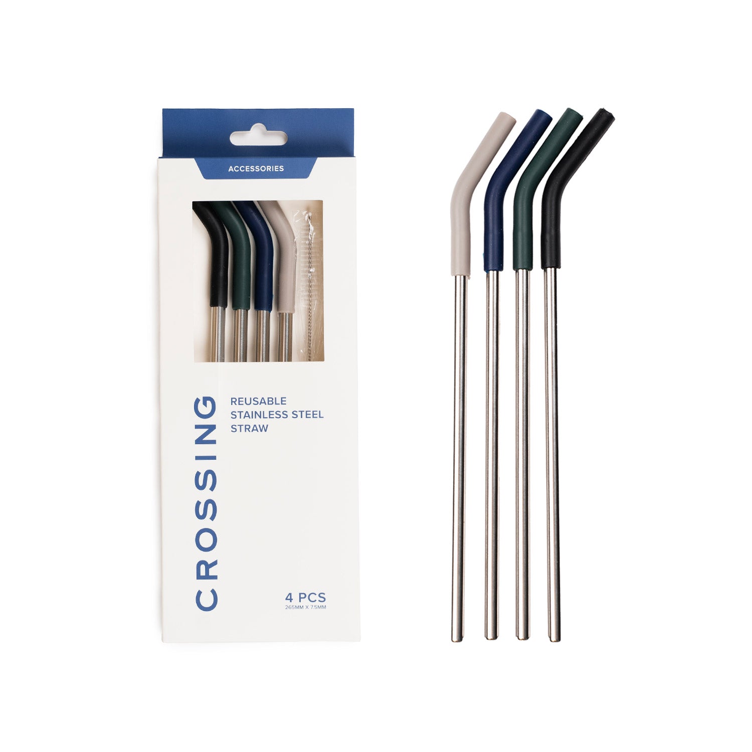 Crossing Reusable Stainless Steel Straw 4-Pc Set - Black/Squash/Ink Blue/ Latte