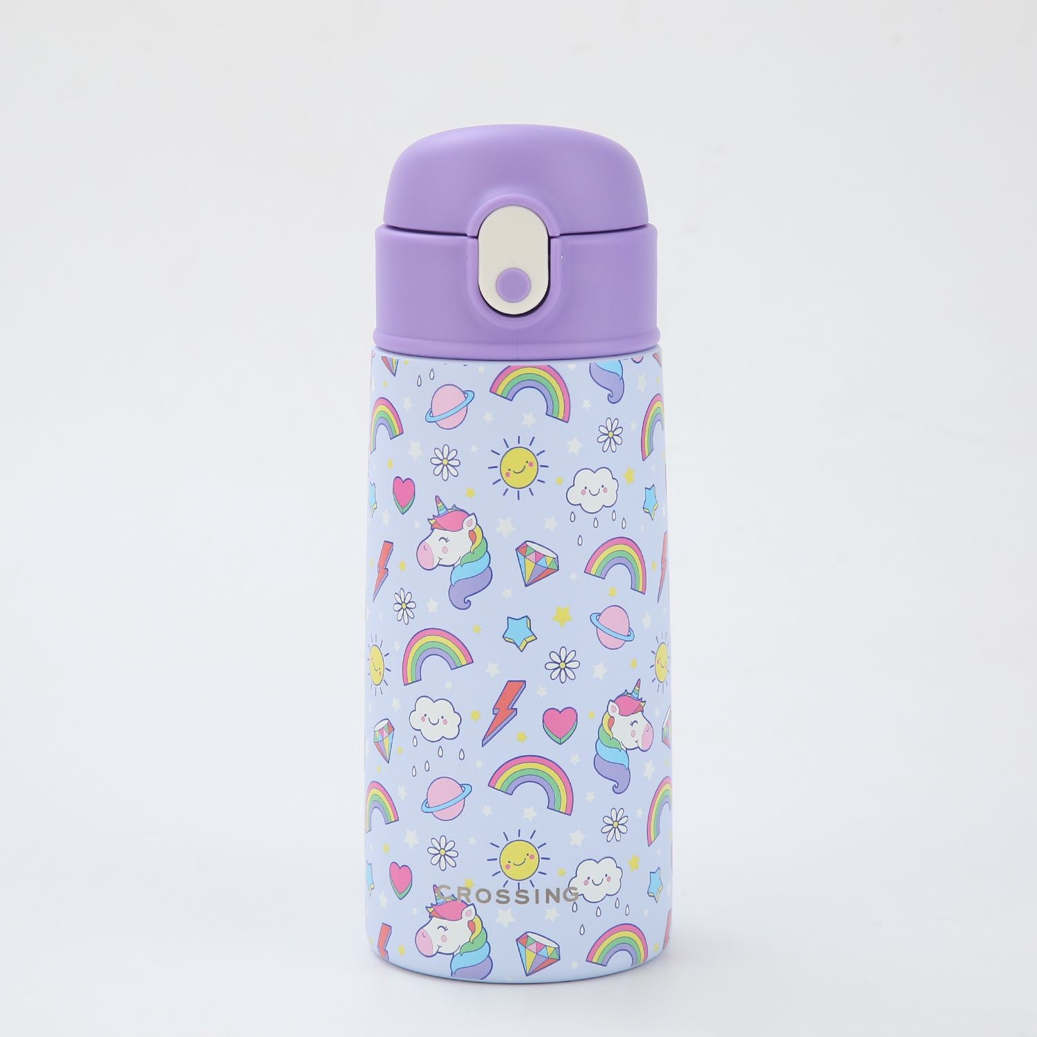 Crossing S/S 316 Kids' Insulated Water Bottle W/Sipper Silicone Straw 400ml - Rainbow Unicorns