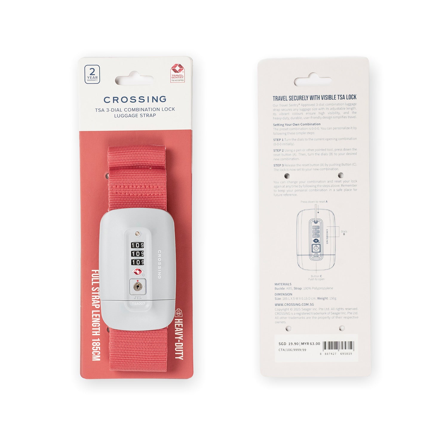 Crossing TSA 3-Dial Combination Lock Luggage Strap - Crimson