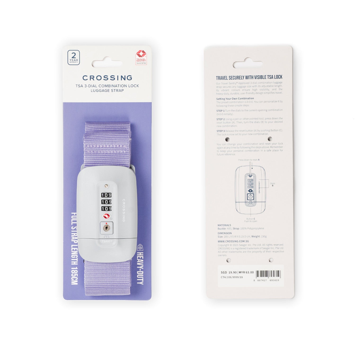 Crossing TSA 3-Dial Combination Lock Luggage Strap - Lavender