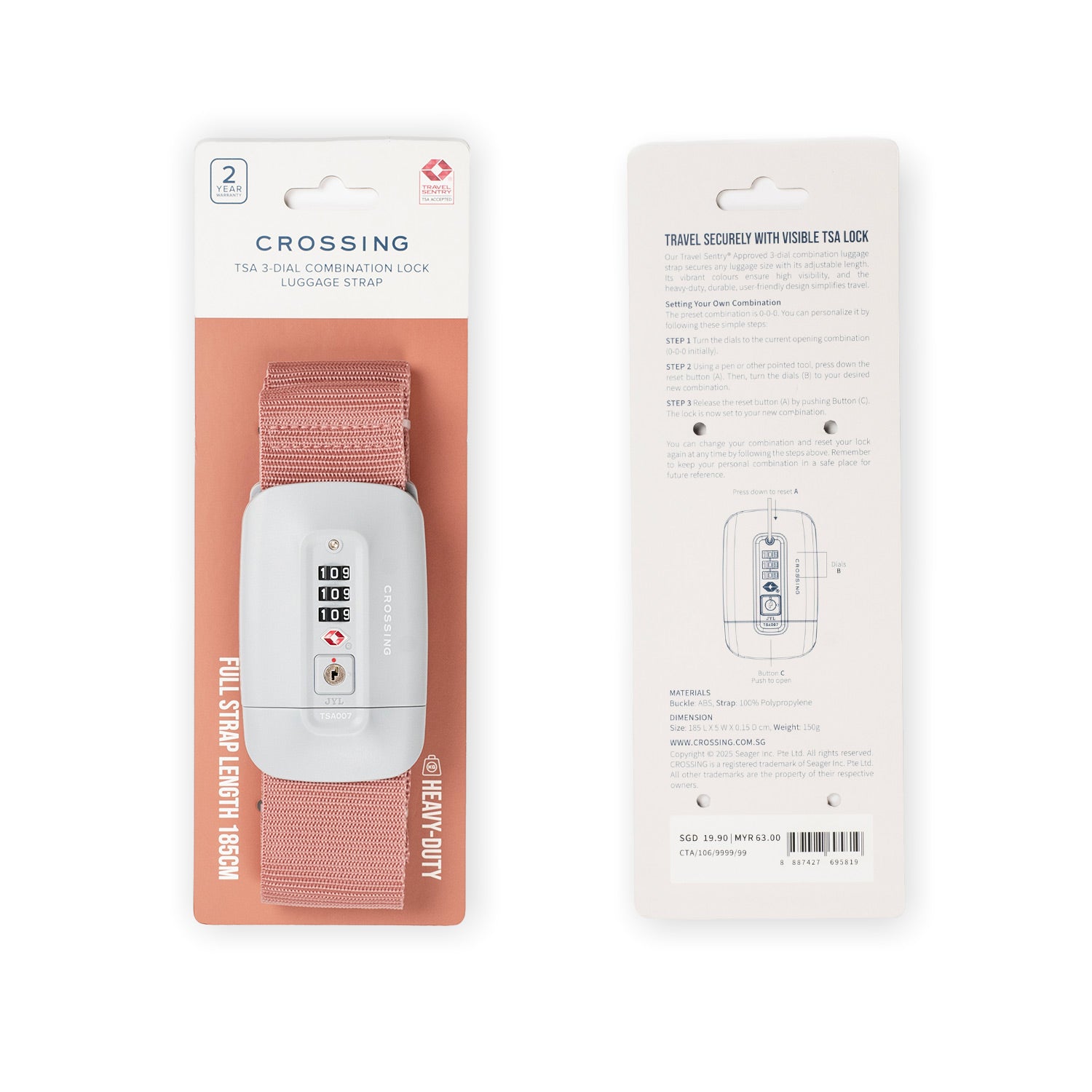 Crossing TSA 3-Dial Combination Lock Luggage Strap - Rose Quartz