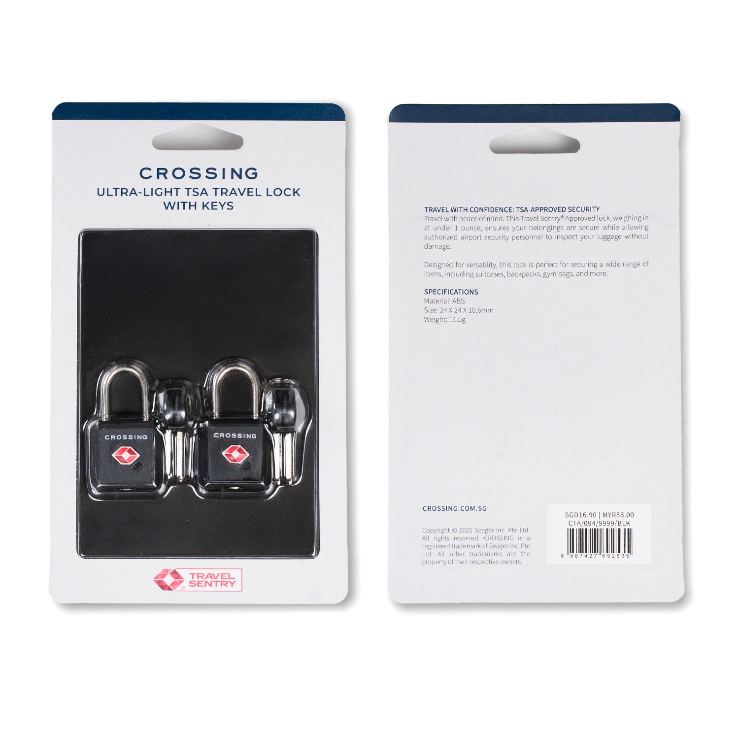 Crossing Ultra-Light TSA Travel Lock With Keys (Twin Pack) - Black