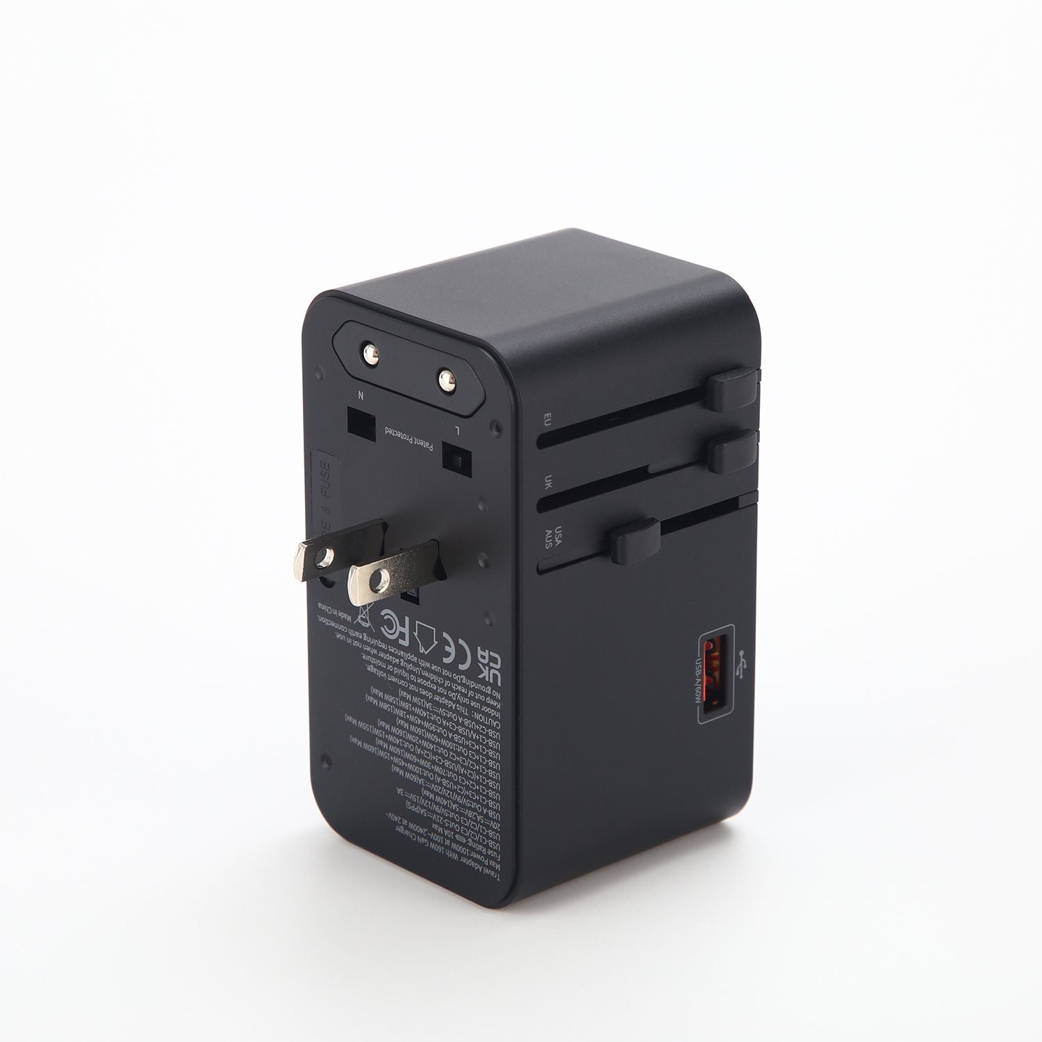 Crossing World Travel Adaptor 160W with 1 X USB-A + 3 X USB-C with Built-In Type C Cable - Black