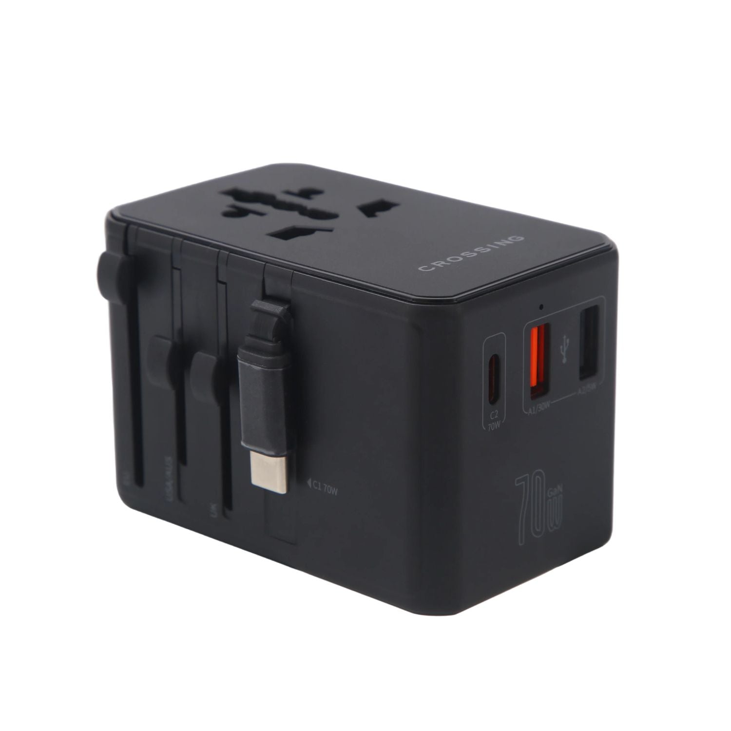 Crossing World Travel Adaptor 70W Pro With 2 X USB-A + 2 X USB-C With Built-In Type C Cable - Black