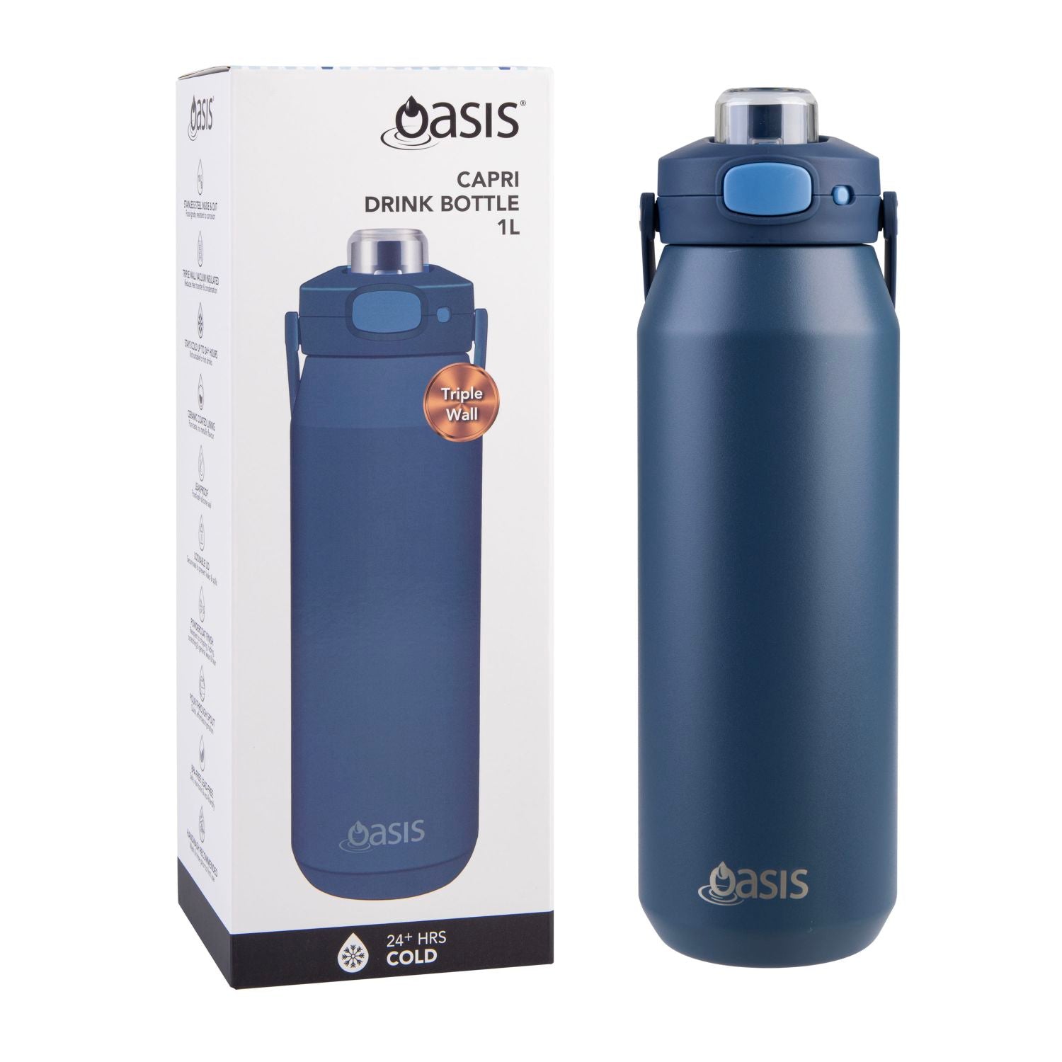 Oasis Ceramic S/S Triple Wall Capri Quick Release Drink Bottle 1L - Indigo