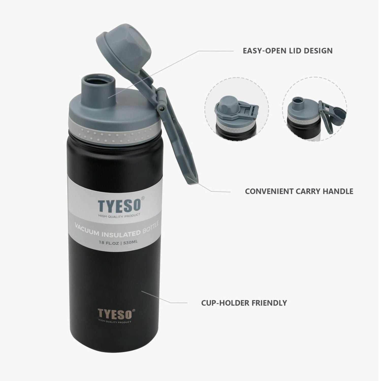 Tyeso Revive (Matte) S/S Vacuum Insulated Bottle With Handle 600ML - Black